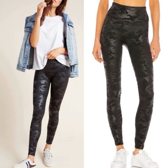 SPANX Faux Leather Camo Leggings Matte Black Camo S SM Small - Picture 1 of 14